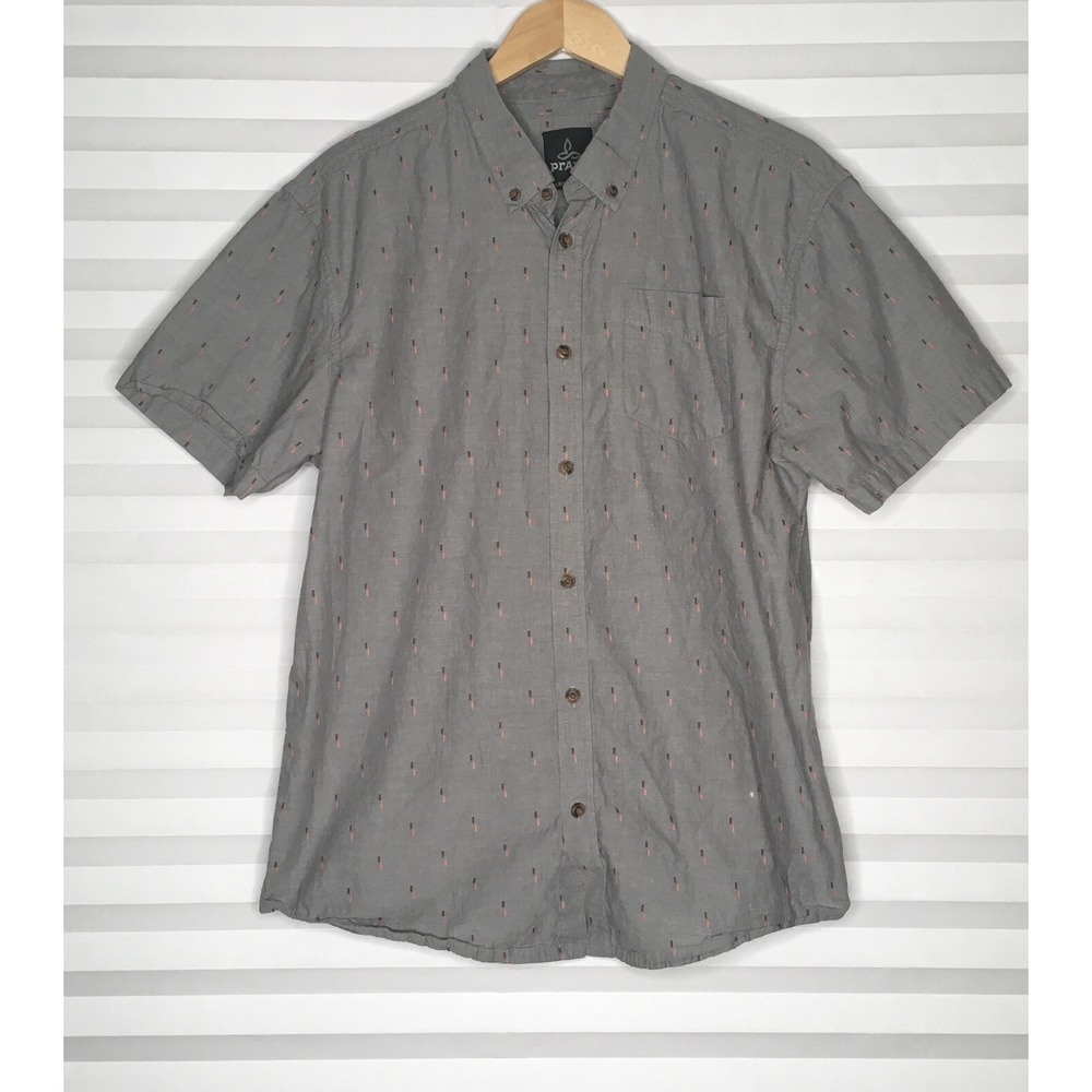 Prana Mens Short Sleeve Button Down Shirt Size XL Gray Dash Outdoor Casual